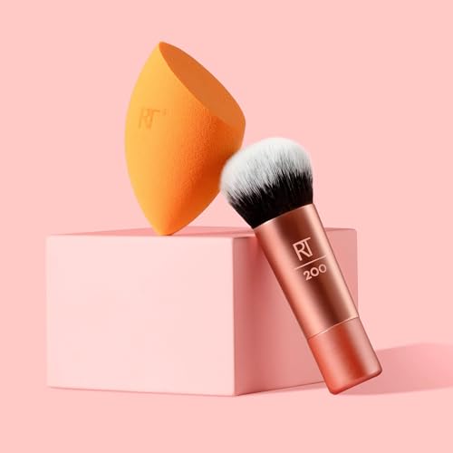 Real Techniques Mini Travel Duo, Makeup Brush Set For Traveling, Mini Foundation Brush & Makeup Blender Sponge For Blending On-The-Go, Achieve A Complete Base, Latex & Cruelty-Free, 2 Piece Set