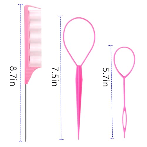 Luumxai 9pcs Topsy Hair Tail Tool and rat tail comb set,6pcs French Braiding Tool ring,3Pcs Metal Parting Combs,Woman Girl Hair Styling (Pink,Purple, Black)