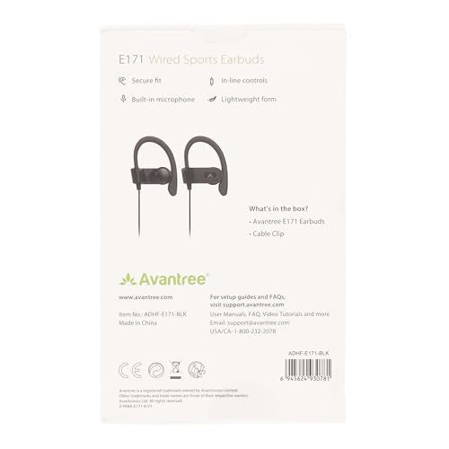 Avantree E171 - AUX 3.5mm Wired Earbuds with Microphone & in-Line Volume Control, Compatible with Traditional 3.5mm AUX Phones, Sport Corded Headphones with Ear Hook for Running, Black