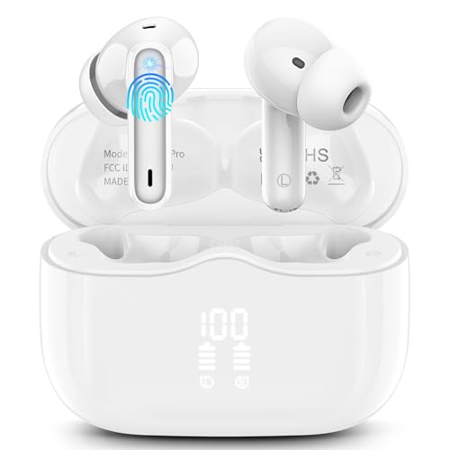 Wireless Earbuds, Bluetooth 5.3 Headphones in Ear with 4 ENC Noise Cancelling Mic, HiFi Stereo Deep Bass Wireless Earphones 40H Playtime, in-Ear Earbud Bluetooth Dual LED Display IP7 Waterproof, White