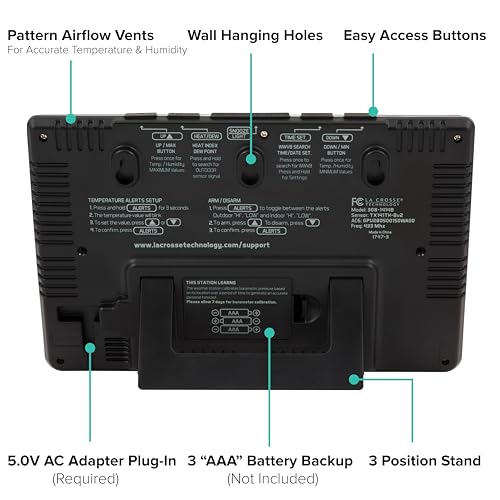 Station météo avancée La Crosse Technology avec écran LCD couleur et heure atomique - Surveillez les conditions intérieures/extérieures avec des alertes de température et des relevés d'humidité avec une portée de transmission de 300 pieds