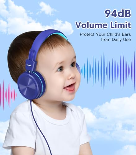 Cowyawn Kids Headphones, Toddler Headphones with Safe Volume Limiter 94dB, Wired School Headphones for Kid, 3.5mm Adjustable On-Ear Headphones for Boys/Girls/Children/Teens/iPad/Computer, Dark Blue