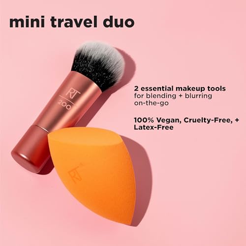 Real Techniques Mini Travel Duo, Makeup Brush Set For Traveling, Mini Foundation Brush & Makeup Blender Sponge For Blending On-The-Go, Achieve A Complete Base, Latex & Cruelty-Free, 2 Piece Set