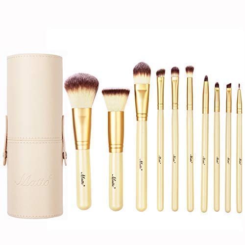 Matto Makeup Brushes 10-Piece Golden Makeup Brush Set with Foundation Powder Mineral Eye Face Make Up Brushes Holder