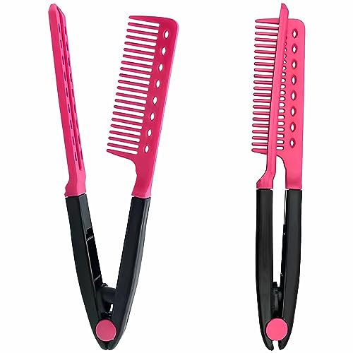 Hair Straightening Comb Set - 2-Pack Flat Iron Comb for Beautiful Tresses, Hair Straightener Comb with Firm Grip, Ideal for Knotty Hair, Styling Comb, Pink