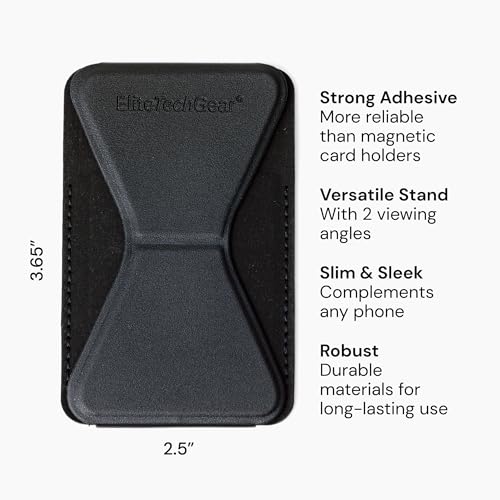 Elite Tech Gear Secure Phone Card Holder with Adjustable Stand - Compatible with iPhone & Android - Adhesive Phone Case Wallet for Cards - Vegan Leather - Black