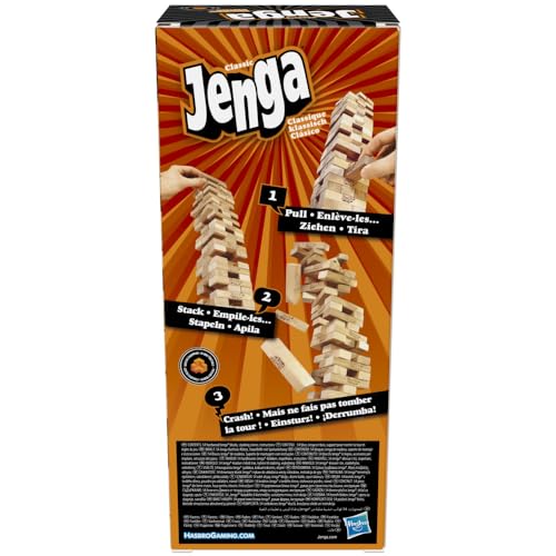 Hasbro Gaming Jenga Classic Game with Genuine Hardwood Blocks,Stacking Tower Game for 1 or More Players,Kids Ages 6 and Up