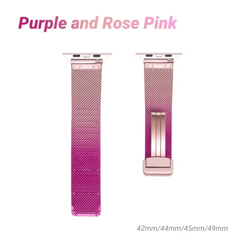 Milanese Mesh Loop Apple Watch Band, Unique Purple & Rose Pink and Silver Color Compatible with iWatch Ultra2/Ultra Series 9/8/7/SE/6/5/4/3/2/1, 38mm, 40mm, 41mm, 42mm, 44mm, 45mm, 49mm for Women & Men(42mm/44mm/45mm/49mm, purple and rose pink)