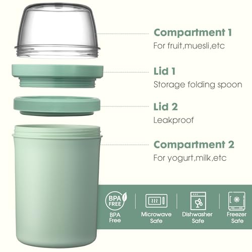 Snack Cup Box Container with Lid,Yogurt Parfait Snackle Cups and Spoons,600ml+270ml Breakfast On The Go,Portable Overnight Oats Container Cereal To Go,Reusable Travel Cereal Bowl and Milk Container