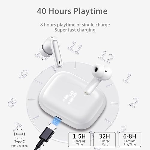 Wireless Earbuds, Bluetooth 5.3 Headphones in Ear with 4 ENC Noise Cancelling Mic, HiFi Stereo Deep Bass Wireless Earphones 40H Playtime, in-Ear Earbud Bluetooth Dual LED Display IP7 Waterproof, White