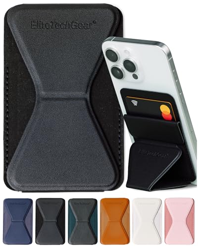 Elite Tech Gear Secure Phone Card Holder with Adjustable Stand - Compatible with iPhone & Android - Adhesive Phone Case Wallet for Cards - Vegan Leather - Black