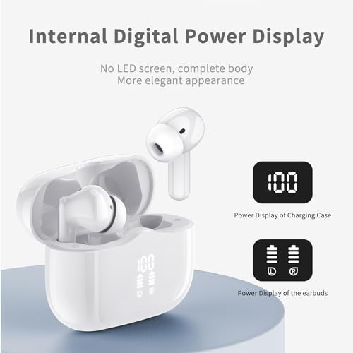 Wireless Earbuds, Bluetooth 5.3 Headphones in Ear with 4 ENC Noise Cancelling Mic, HiFi Stereo Deep Bass Wireless Earphones 40H Playtime, in-Ear Earbud Bluetooth Dual LED Display IP7 Waterproof, White