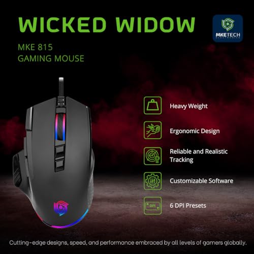 MKETech Electronics Wicked Widow (MKE 815) Wired Heavyweight Gaming Mouse with RGB Lighting and Claw Grip Shape