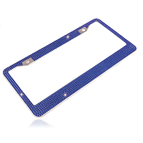 Cadres de plaque d'immatriculation universels en cristal Fashion Handicraft USA, support de plaque d'immatriculation Bling de qualité supérieure, couverture de plaque d'immatriculation en strass résistant aux intempéries pour femme (bleu royal, 1 cadre)