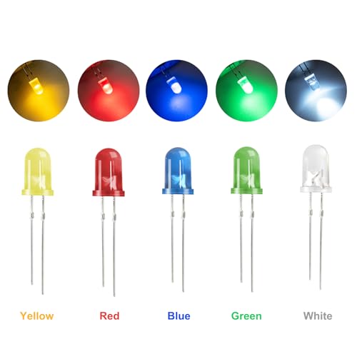 DiCUNO 450pcs (5 Colors x 90pcs) 5mm LED Light Emitting Diode Round Assorted Color White/Red/Yellow/Green/Blue Kit Box