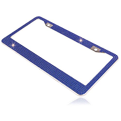 Cadres de plaque d'immatriculation universels en cristal Fashion Handicraft USA, support de plaque d'immatriculation Bling de qualité supérieure, couverture de plaque d'immatriculation en strass résistant aux intempéries pour femme (bleu royal, 1 cadre)