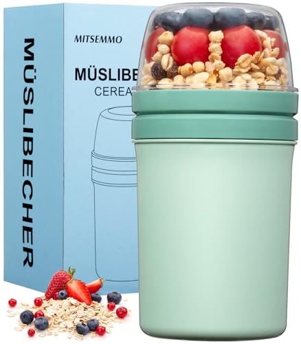 Snack Cup Box Container with Lid,Yogurt Parfait Snackle Cups and Spoons,600ml+270ml Breakfast On The Go,Portable Overnight Oats Container Cereal To Go,Reusable Travel Cereal Bowl and Milk Container