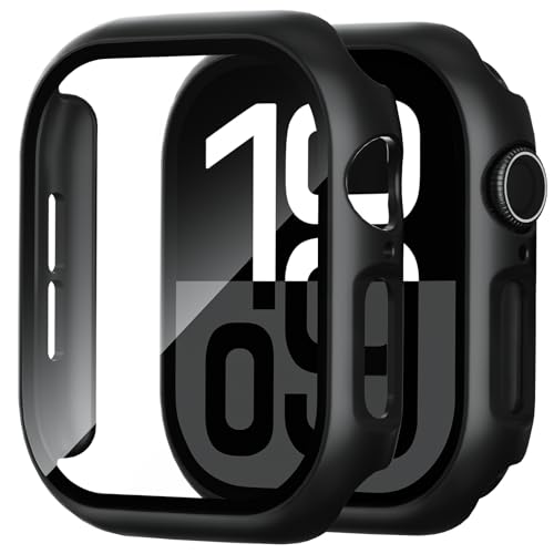 Foamia 2 Pack Case for Apple Watch Screen Protector, Hard PC Case with Tempered Glass Protective Cover Guard Bumper, Slim Apple Watch Cover for iWatch Series 10 - Black/Black 46mm