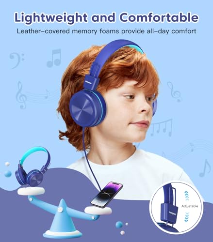 Cowyawn Kids Headphones, Toddler Headphones with Safe Volume Limiter 94dB, Wired School Headphones for Kid, 3.5mm Adjustable On-Ear Headphones for Boys/Girls/Children/Teens/iPad/Computer, Dark Blue