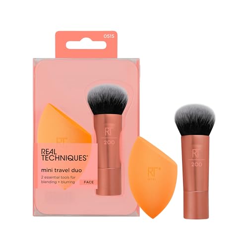 Real Techniques Mini Travel Duo, Makeup Brush Set For Traveling, Mini Foundation Brush & Makeup Blender Sponge For Blending On-The-Go, Achieve A Complete Base, Latex & Cruelty-Free, 2 Piece Set