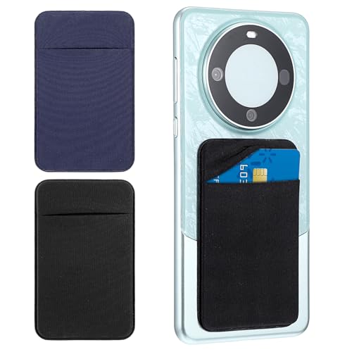 Sibba Cell Phone Card Holder Pocket 2Pack Phone Wallet Stretchy Stick on Case Pouch Sleeve Self Adhesive Sticker with Flap Back Double Pocket Hold for All Smartphones (Blue+Black)