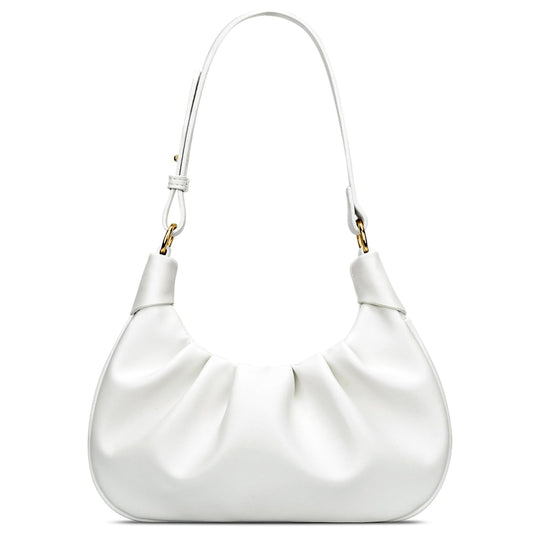 Shoulder Bag Crescent Handbag Ruched Purse Underarm Bag Mini Hobo for Women, Detachable Gold Chain Crossbody Bag - White