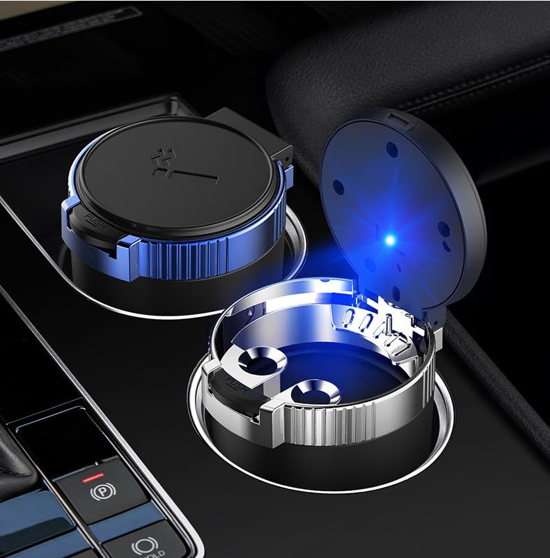 Car Ashtray with Lid, Detachable Stainless Steel Smokeless Ash Tray with LED Blue Light - Perfect for Outdoor Trave (Blue)