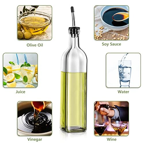 Leaflai Olive Oil Dispenser Bottle, 2 Pcs Glass Olive Oil Dispenser and Vinegar Dispenser Set with 2 Stainless Steel Pourers, 4 Labels,1 Brush and 1 Funnel Oil Bottles for Kitchen (500ml)