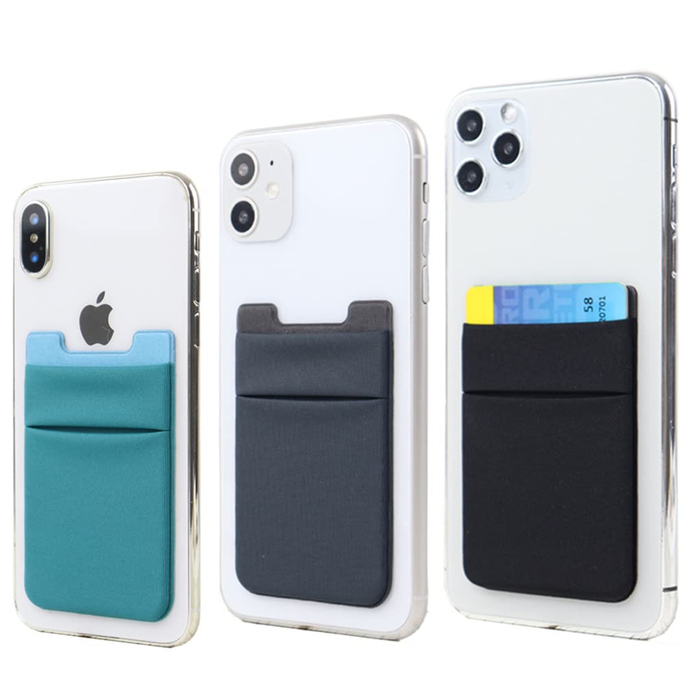 3Pack Cell Phone Card Holder Stick On, Phone Wallet Double Pocket for Back of Phone Case, ID/Credit Cards Wallet Sticker Stretchy Lycra for All Smartphones- Dark Green,Blue Gray,Black