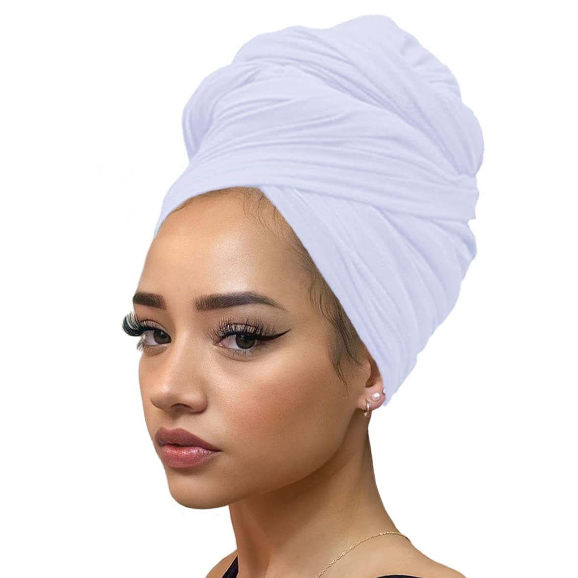 Ultra Soft Stretch Jersey Turban Head Wraps Long Solid Color African Shawl Hair Scarfs Lightweight Breathable Head bands Ties for Black Women(White)