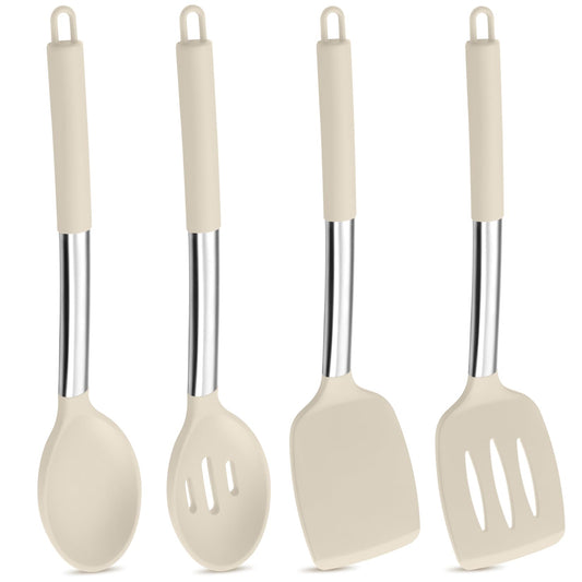 Khaki Kitchen Utensil Set of 4, P&P CHEF Cooking Utensils Kit, Heat-Proof Silicone Spoon Turner for Mixing Serving Flipping, Healthy & Non-stick