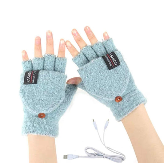 Women's & Men's USB Heated Gloves Knitting Hands Full & Half Heated Fingerless Heating Warmer with Button Washable Design, Mitten Winter Hands Warm Laptop Gloves (Mint)