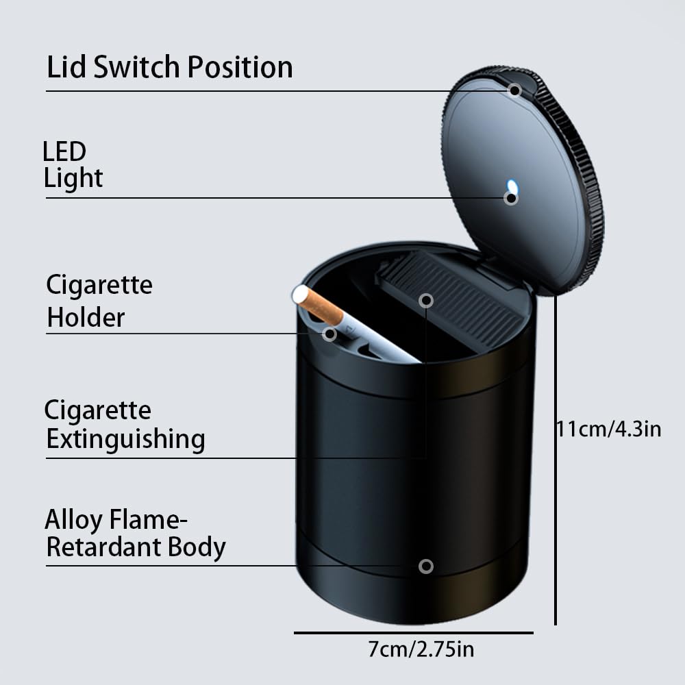 Cenicero para coche Tmengdao con tapa a prueba de olores, cenicero sin humo para portavasos, cenicero para cigarros para coche, cenicero de acero inoxidable desmontable con luz LED automática, para la mayoría de coches, oficinas, hogares (negro)