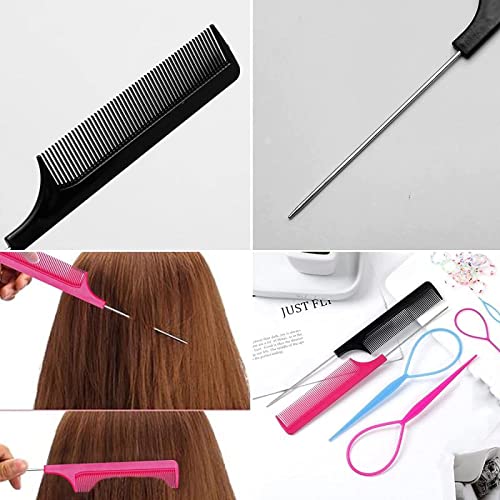 6Pcs Hair Loop Tool Set with 4 Tail Tools French Braid 2 Metal Pin Rat Comb for Styling, 100 Colored Children Rubber Bands. Schembo