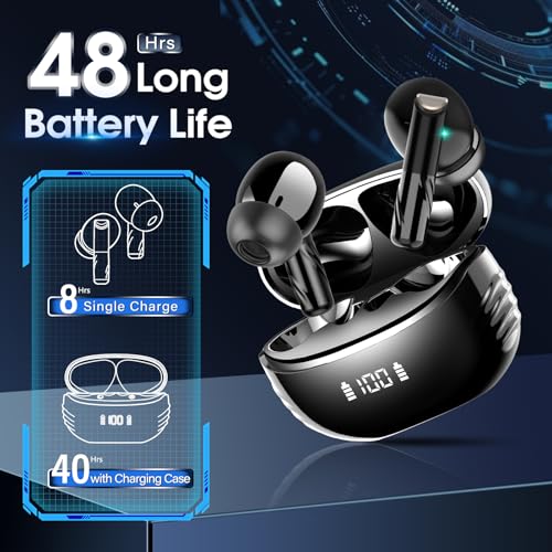 Wireless Earbuds Bluetooth 5.4 Headphones Premium Sound Ear Buds with ENC Noise Cancelling, 48H Playback in Ear Earphones with LED Display, IPX7 Waterproof Earbuds for iOS Andriod Sport/Workout/Black