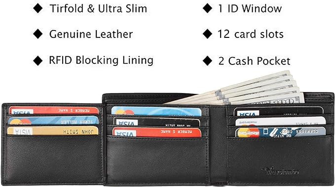 Travelambo Wallet for Men, Trifold Mens RFID Blocking Wallet, 12 Credit Card Holder Minimalist Front Pocket,Leather Slim Wallet with ID Window