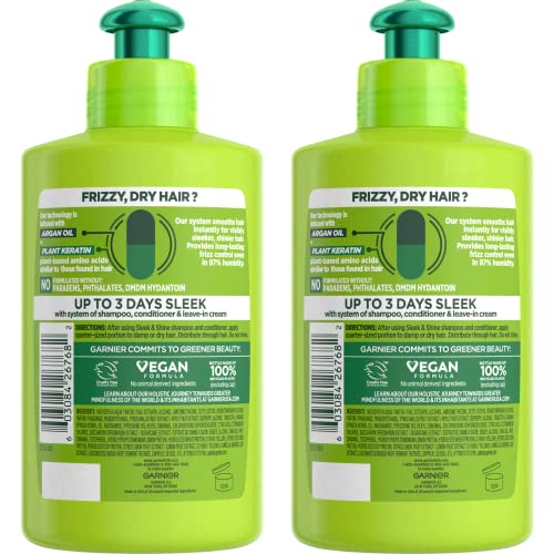 Garnier Fructis Sleek & Shine Leave-In Conditioning Cream for Frizzy, Dry Hair, Plant Keratin + Argan Oil, 10.2 Fl Oz, 2 Count (Packaging May Vary)