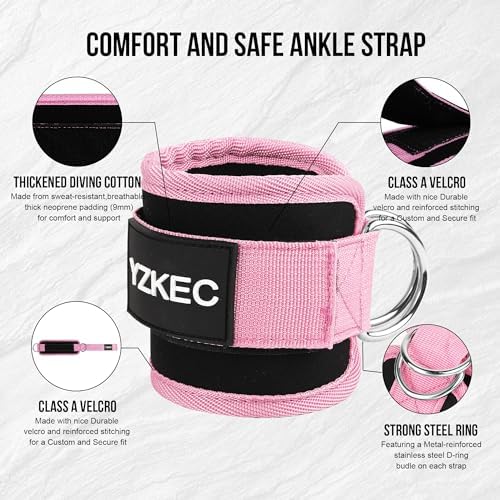 Sangle de cheville YZKEC pour accessoires de machine à câble et bandes de résistance avec anneaux en D, manchette de cheville rembourrée en néoprène réglable pour extensions de jambes, entraînements fessiers, salle de sport pour femmes et hommes (rose)