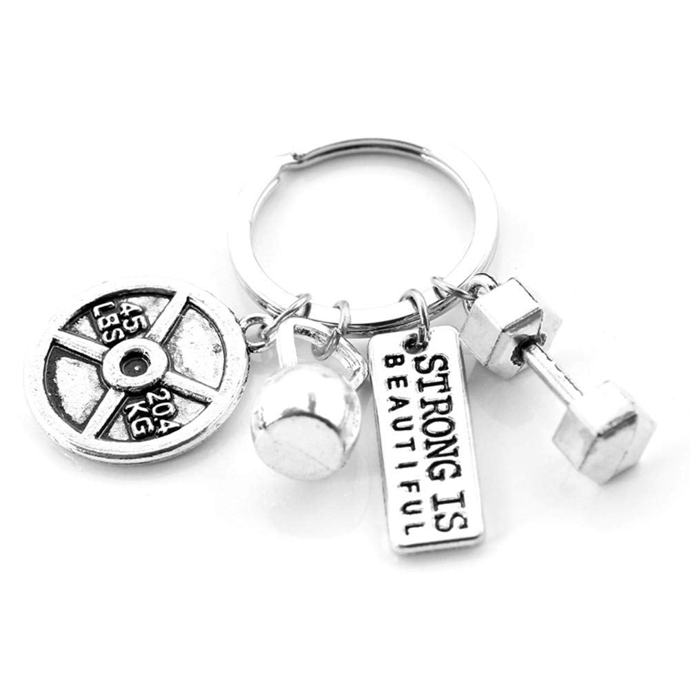 Fitness Gym Keyring with Quotes Weight plate Dumbbell and Kettlebell Exercise Strong is Beautiful Charm Pendant Keychain Gifts for Daddy Husband Boyfriend