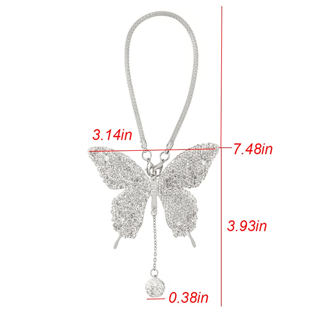 Bling Butterfly Diamond Car Accessories for Women, Crystal Car Rear View Mirror Charms Car Decoration Valentine's Day Gifts Lucky Hanging Interior Ornament Pendant. (Silver)