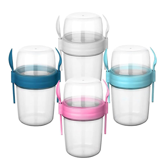 QUASLEQ 4-Pack Yogurt Parfait Cups - with Lids and Spoons - Reusable Yogurt Containers for On-the-Go - Portable Yogurt Cups with Topping Storage - Ideal for Oatmeal and Breakfast Prep (22 oz-650 Ml)