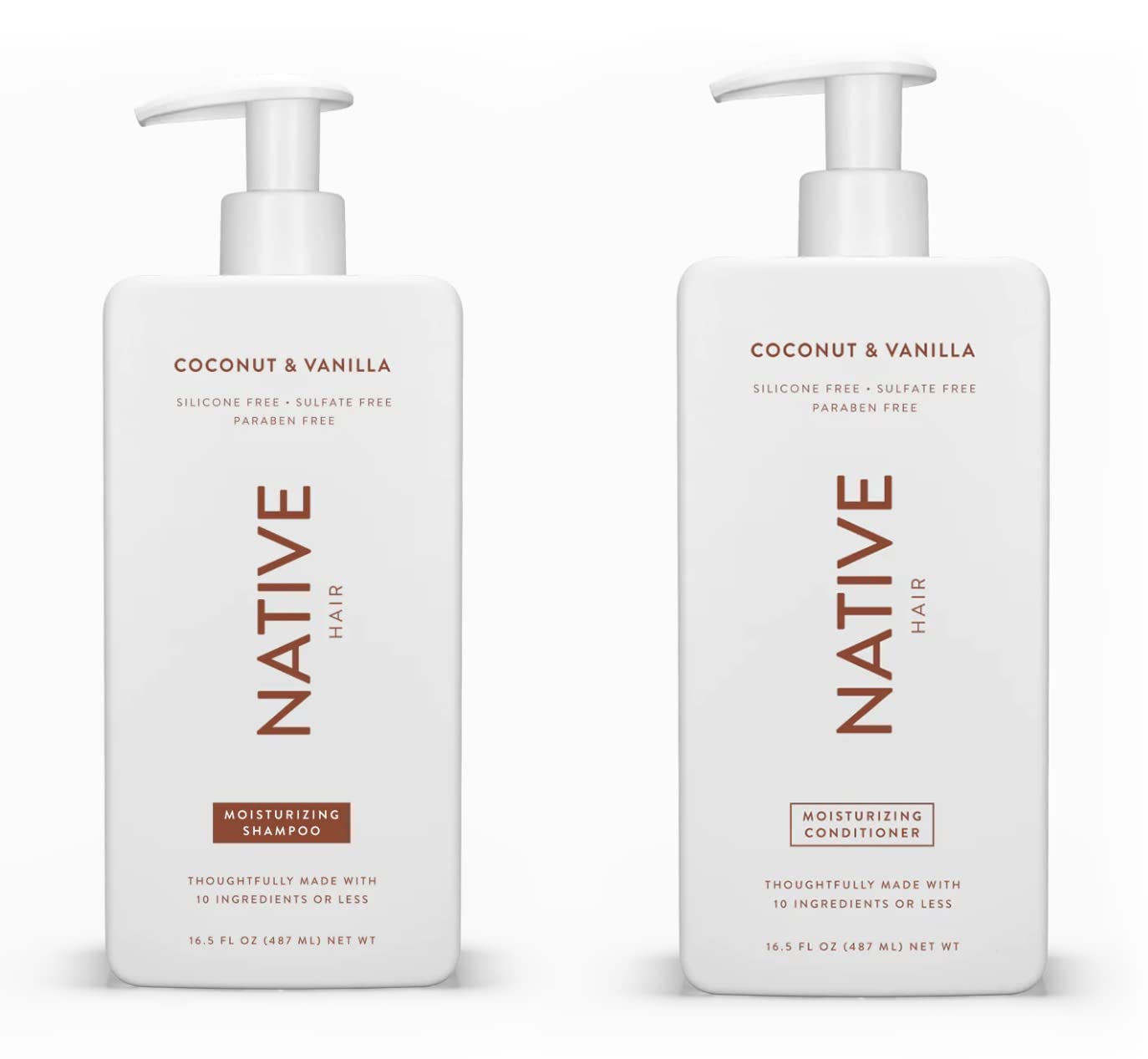 Native Shampoo and Conditioner Set | Sulfate Free, Paraben Free, Dye Free, with Naturally Derived Clean Ingredients| 16.5 oz (Coconut & Vanilla, Moisturizing), 2, 1.3 ounces