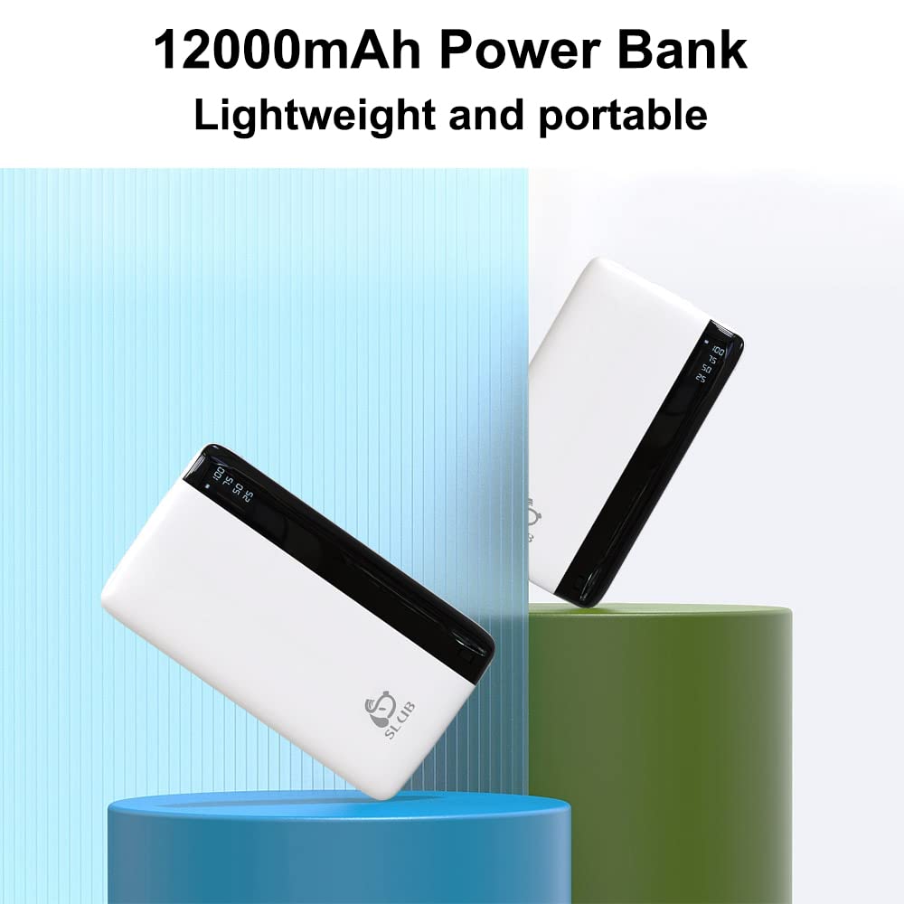 SLuB Portable Charger, 12000mAh Power Bank, 3A Fast Charging Battery Pack, LED Display, Portable Phone Charger, Slim Portable Phone Battery Charger, Suitable for iPhone, Samsung, Tablet Etc (White)