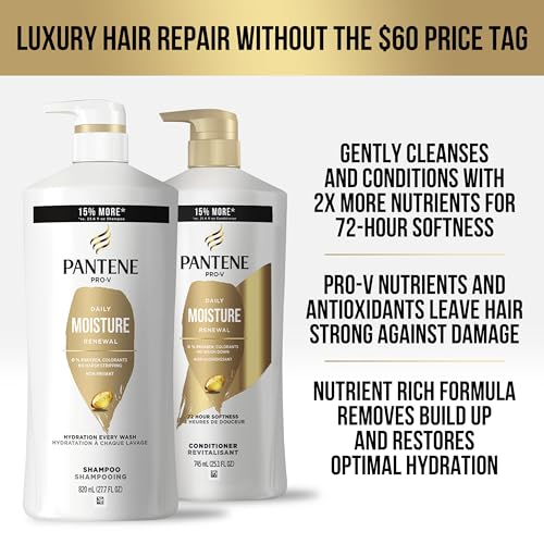 Pantene Shampoo & Conditioner Set, Daily Moisture Renewal with Pro-V Nutrients for Dry, Color-Treated Hair, Long-Lasting Hydration & Nourishment, 27.7 Fl Oz Each, 2-Pack + Miracle Rescue Shot (0.5 Oz)