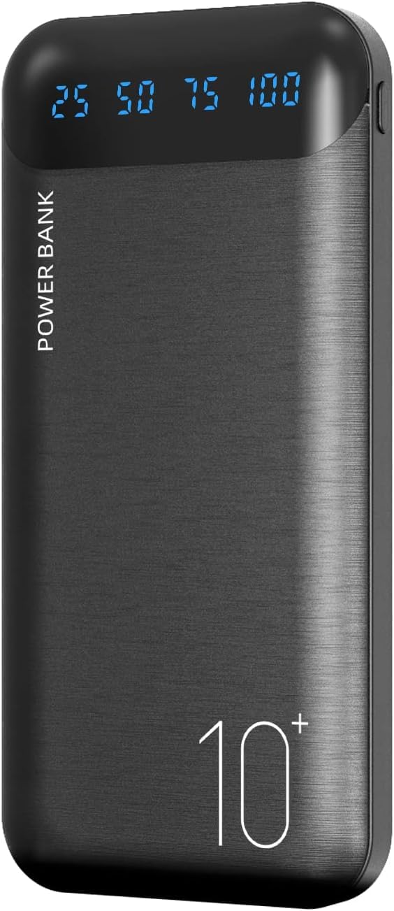 Power Bank 10000mAh Chargeur portable Batterie externe mince avec 2 sorties USB 2,4A et entrée/sortie USB C Compatible avec Huawei iPhone 16 15 14 13 12 iPad Samsung Galaxy S20 Tablette Android (Noir)