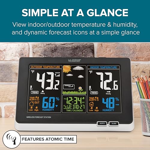 La Crosse Technology Advanced Weather Station with Full-Color LCD & Atomic Time - Monitor Indoor/Outdoor Conditions with Temperature Alerts and Humidity Readings with Transmission Range of 300 Feet