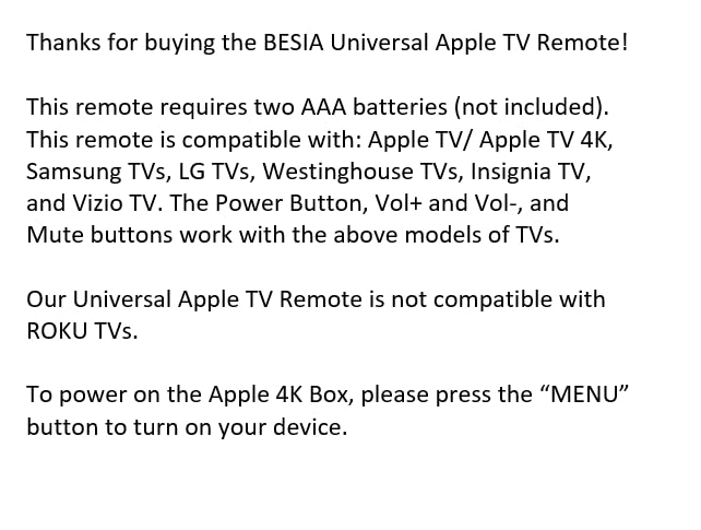 Universal Replacement Remote for Apple TV 4K/ Gen 1 2 3 4/ HD A2843 A2737 A2169 A1842 A1625 A1427 A1469 A1378 A1218, No Voice Command Included