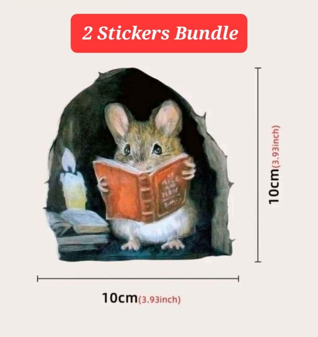 2 Stickers Mouse Reading Book in Wall 3D Sticker Decal Funny 2 Pack by Lumiere Tech