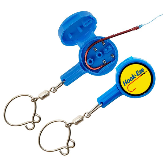 Herramienta para hacer nudos de pesca HOOK-EZE 2X, tamaño estándar - Dispositivo de seguridad y cortador de línea - Accesorios de pesca multifuncionales - Cubre anzuelos completamente armados - Azul