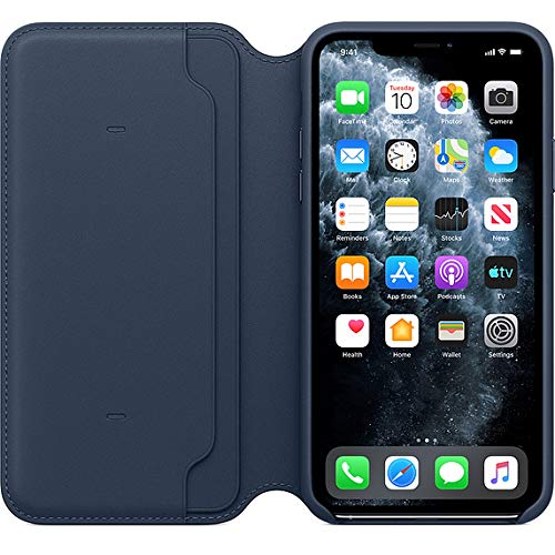 Funda tipo libro de cuero para iPhone 11 Pro Max de Apple, color azul marino, ajuste fino, compatible con carga inalámbrica